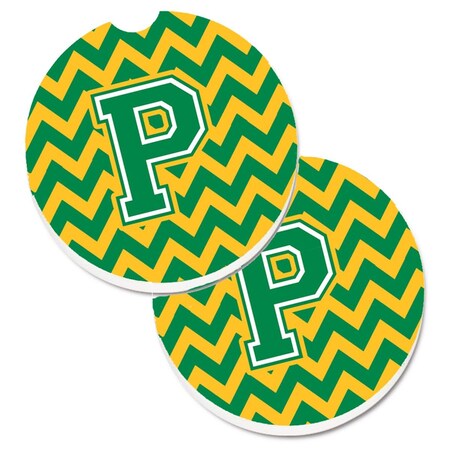 Letter P Chevron Green And Gold Set Of 2 Cup Holder Car Coaster